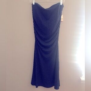 NWT Z Universe Blue and white Polka Dot Strapless Ruched midi dress size medium